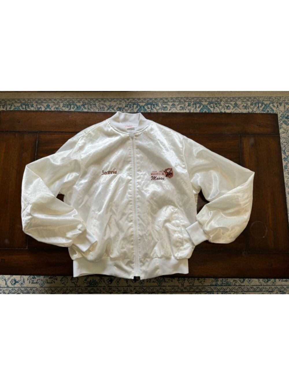 Vintage White Satin Moose Lodge Varsity Jacket Jeannie Embroidery Full Zip Large - Picture 12 of 12